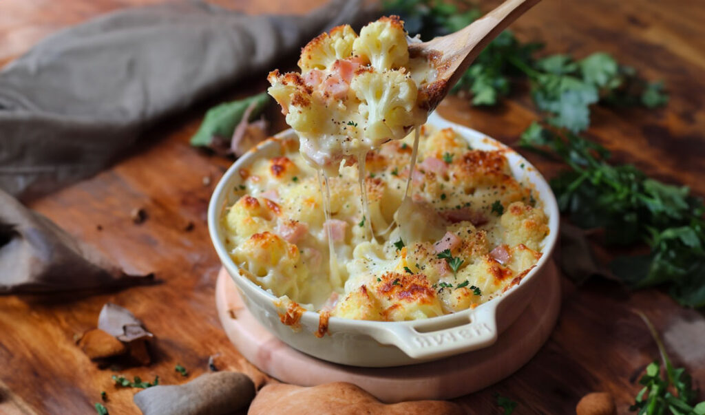 Gratin Réconfortant de Chou-Fleur, Pommes de Terre, Fromage et Jambon