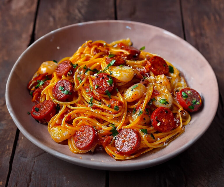 Spaghetti à la Crème de Poivron, Chorizo et Crevettes : Un Festin