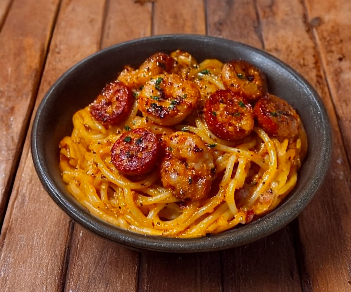 Spaghetti à la Crème de Poivron, Chorizo et Crevettes : Un Plat Plein